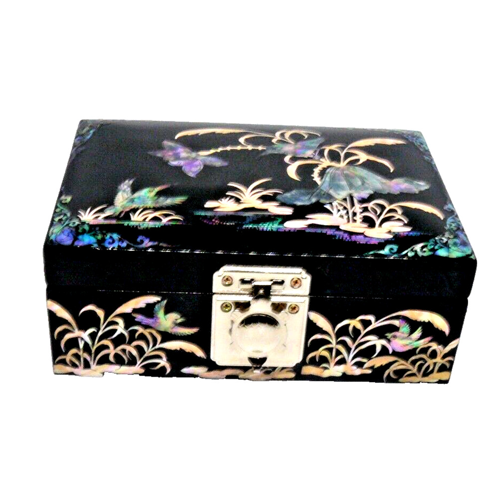 Asian Black Lacquer Jewelry Box MOP & Abalone Bird Floral Inlay Turtle Latch VTG